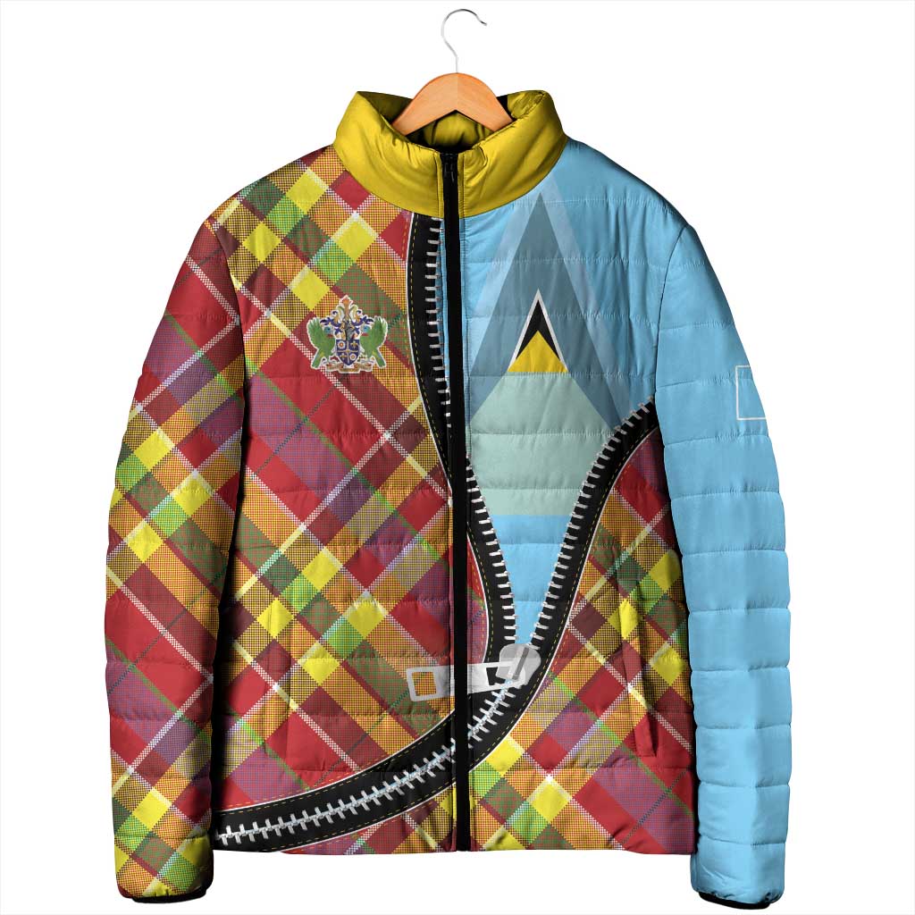 Saint Lucia Creole Day Padded Jacket Madras Pattern Zipper Stylized - Wonder Print Shop