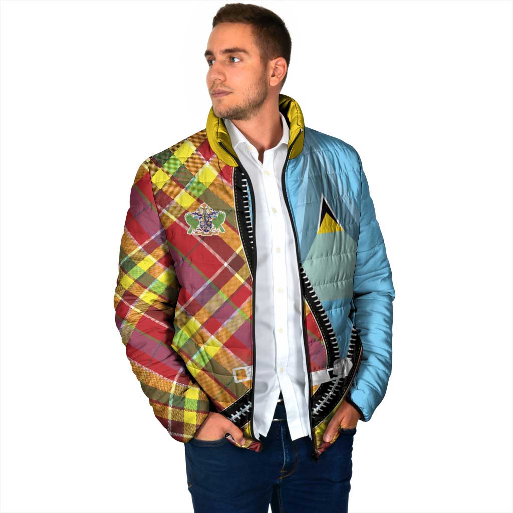 Saint Lucia Creole Day Padded Jacket Madras Pattern Zipper Stylized - Wonder Print Shop