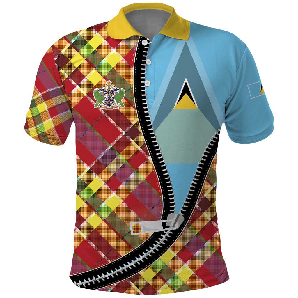 Saint Lucia Creole Day Polo Shirt Madras Pattern Zipper Stylized - Wonder Print Shop