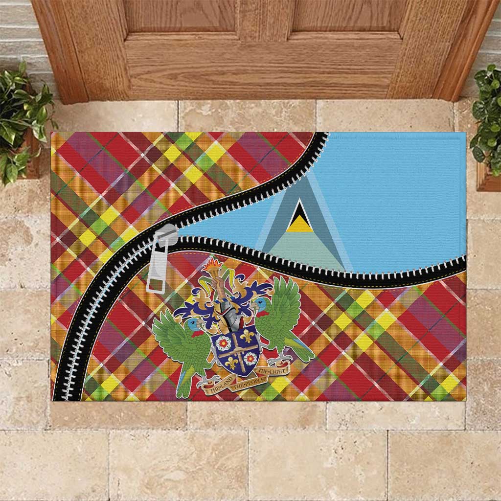 Saint Lucia Creole Day Rubber Doormat Madras Pattern Zipper Stylized - Wonder Print Shop