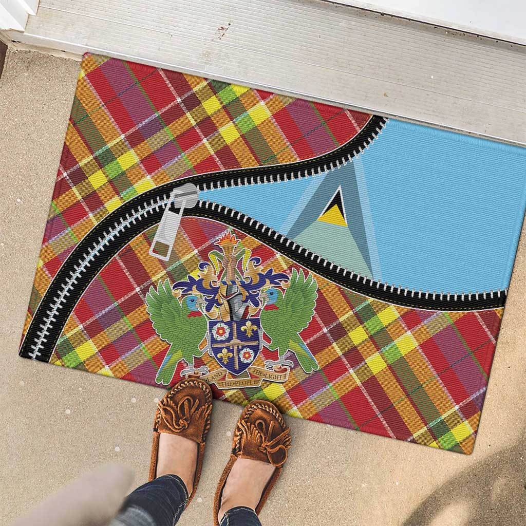 Saint Lucia Creole Day Rubber Doormat Madras Pattern Zipper Stylized - Wonder Print Shop