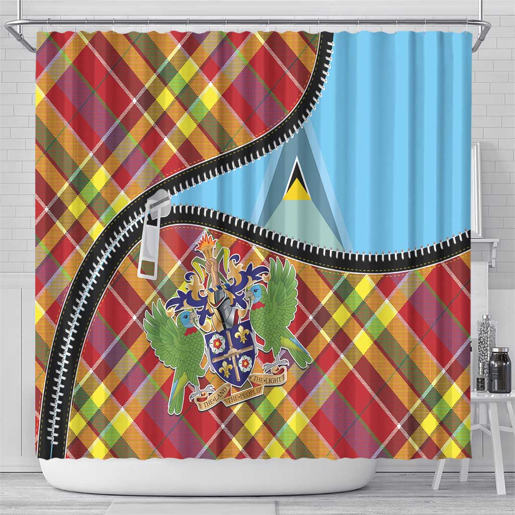 Saint Lucia Creole Day Shower Curtain Madras Pattern Zipper Stylized - Wonder Print Shop