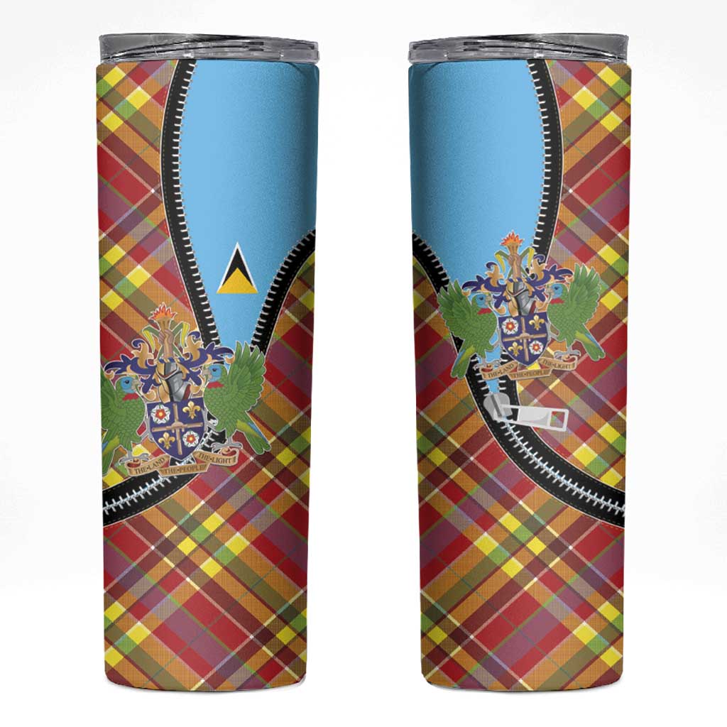 Saint Lucia Creole Day Skinny Tumbler Madras Pattern Zipper Stylized - Wonder Print Shop