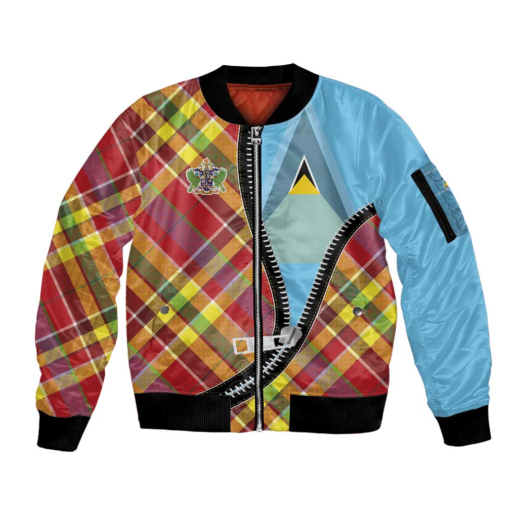 Saint Lucia Creole Day Sleeve Zip Bomber Jacket Madras Pattern Zipper Stylized - Wonder Print Shop