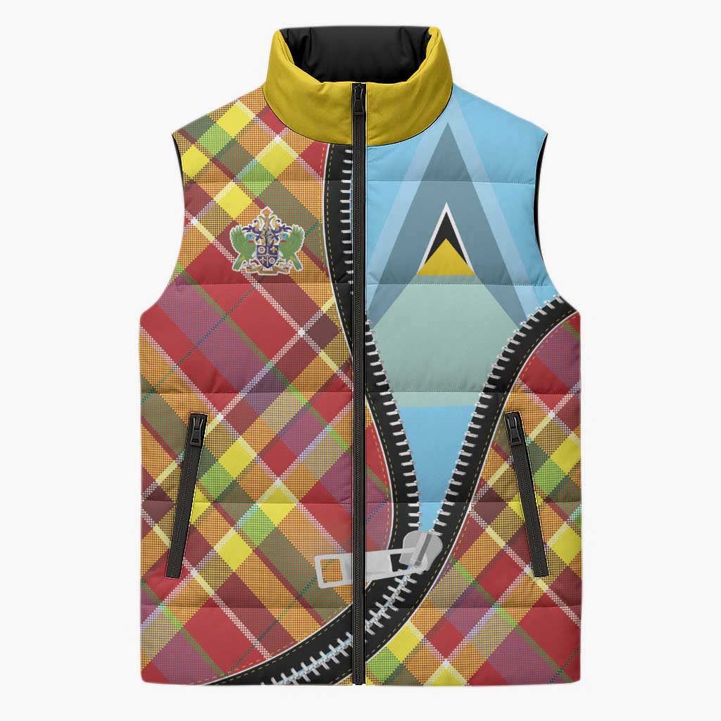 Saint Lucia Creole Day Sleeveless Puffer Jacket Madras Pattern Zipper Stylized - Wonder Print Shop