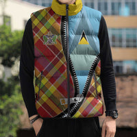 Saint Lucia Creole Day Sleeveless Puffer Jacket Madras Pattern Zipper Stylized - Wonder Print Shop