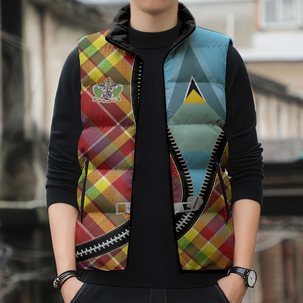 Saint Lucia Creole Day Sleeveless Puffer Jacket Madras Pattern Zipper Stylized - Wonder Print Shop