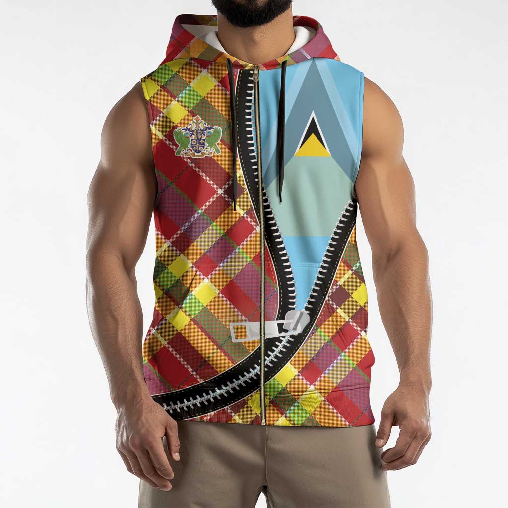 Saint Lucia Creole Day Sleeveless Zip Hoodie Madras Pattern Zipper Stylized - Wonder Print Shop