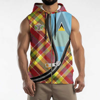 Saint Lucia Creole Day Sleeveless Zip Hoodie Madras Pattern Zipper Stylized - Wonder Print Shop