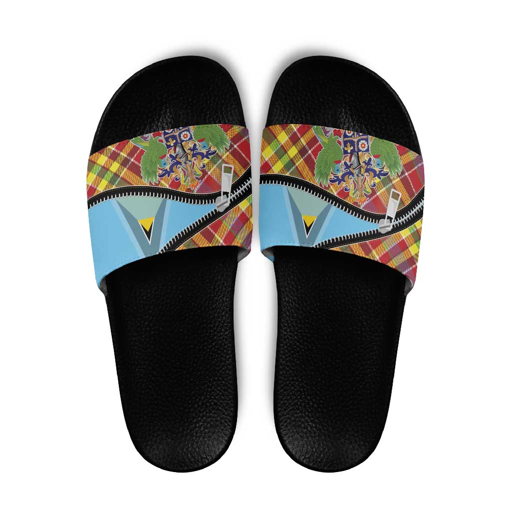 Saint Lucia Creole Day Slide Sandals Madras Pattern Zipper Stylized - Wonder Print Shop