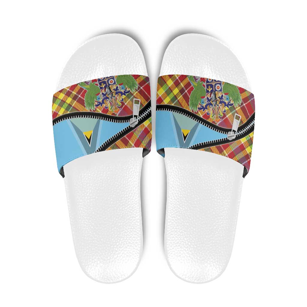 Saint Lucia Creole Day Slide Sandals Madras Pattern Zipper Stylized - Wonder Print Shop