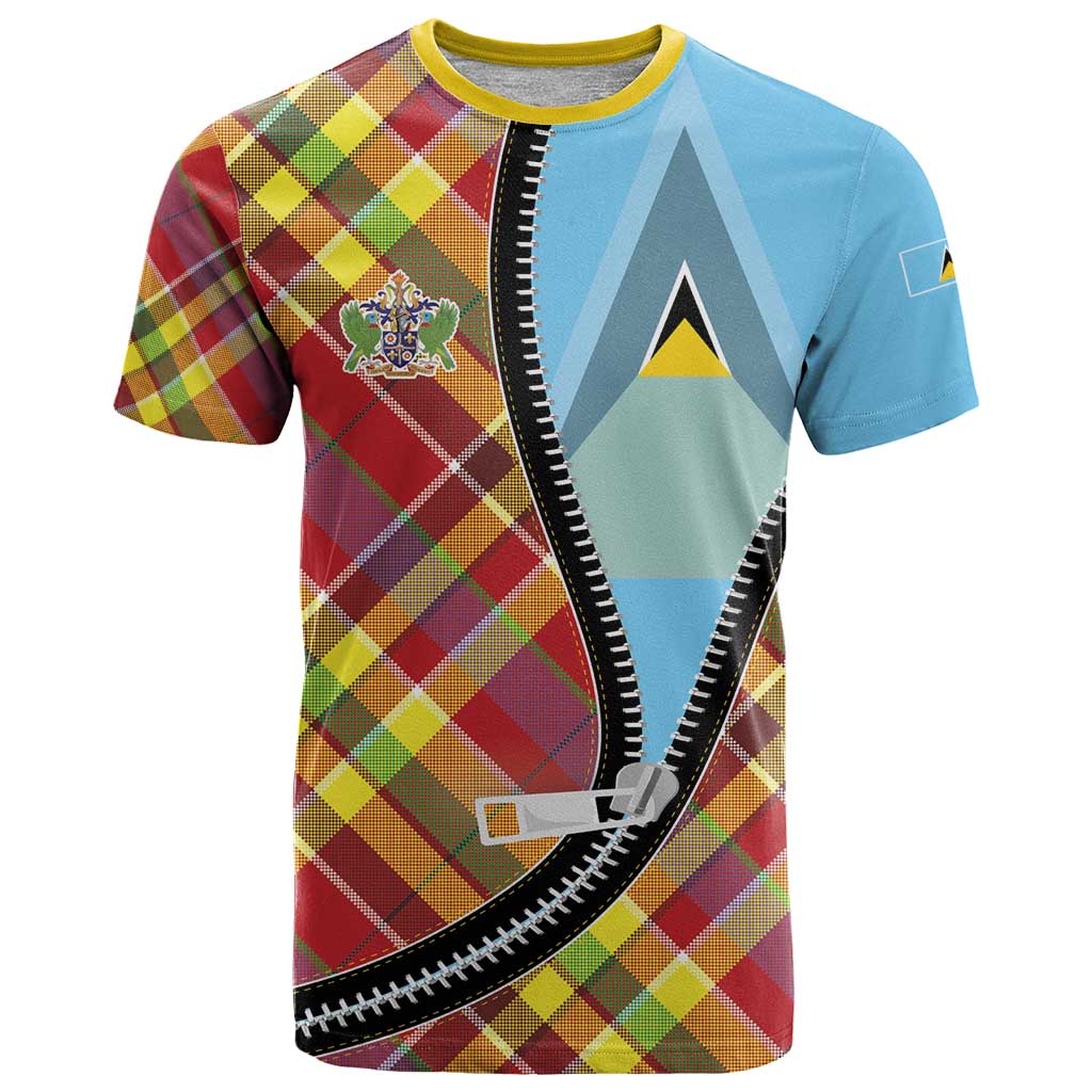 Saint Lucia Creole Day T Shirt Madras Pattern Zipper Stylized - Wonder Print Shop