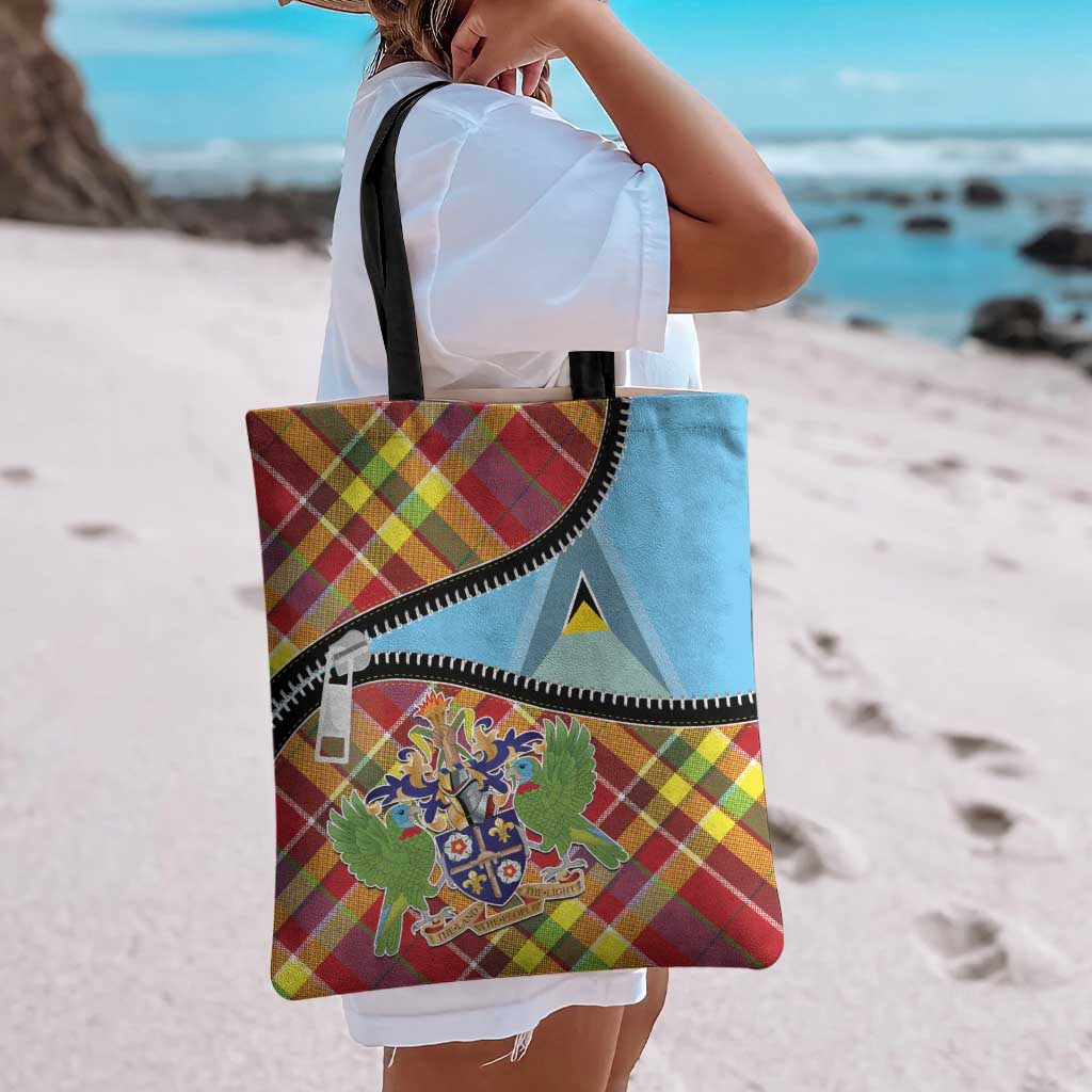 Saint Lucia Creole Day Tote Bag Madras Pattern Zipper Stylized - Wonder Print Shop