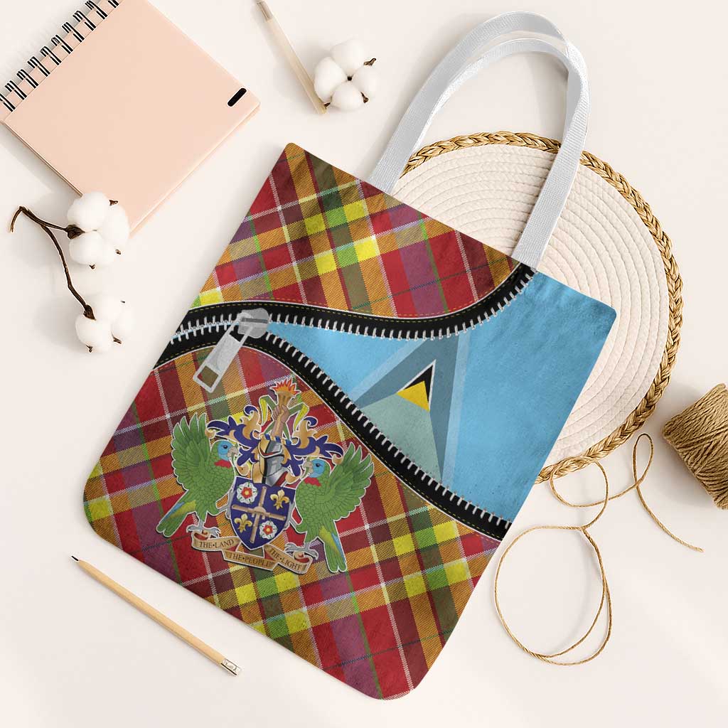 Saint Lucia Creole Day Tote Bag Madras Pattern Zipper Stylized - Wonder Print Shop