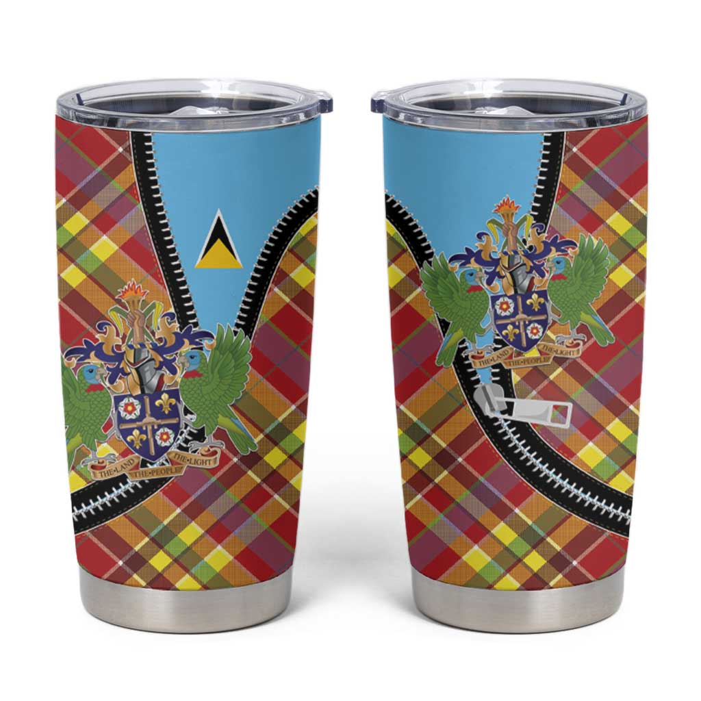 Saint Lucia Creole Day Tumbler Cup Madras Pattern Zipper Stylized - Wonder Print Shop