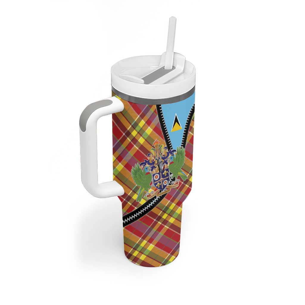 Saint Lucia Creole Day Tumbler With Handle Madras Pattern Zipper Stylized - Wonder Print Shop