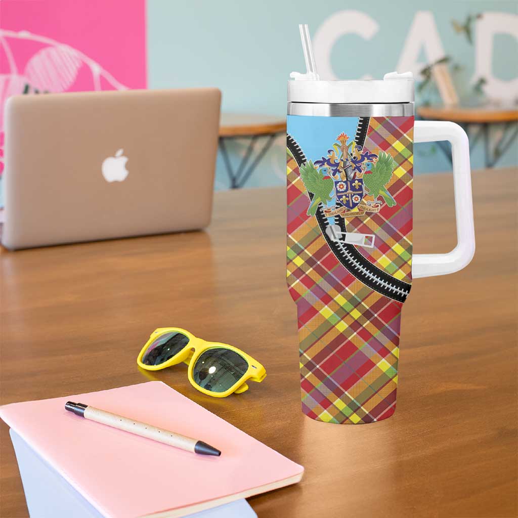 Saint Lucia Creole Day Tumbler With Handle Madras Pattern Zipper Stylized - Wonder Print Shop