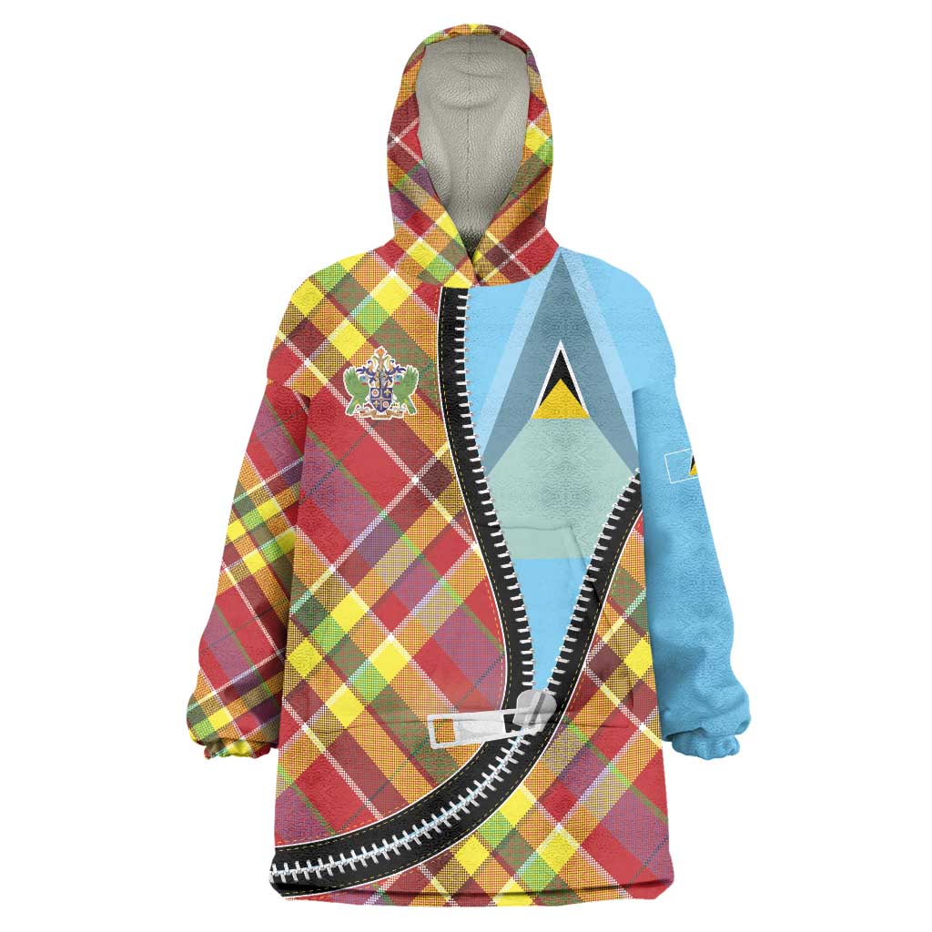 Saint Lucia Creole Day Wearable Blanket Hoodie Madras Pattern Zipper Stylized - Wonder Print Shop