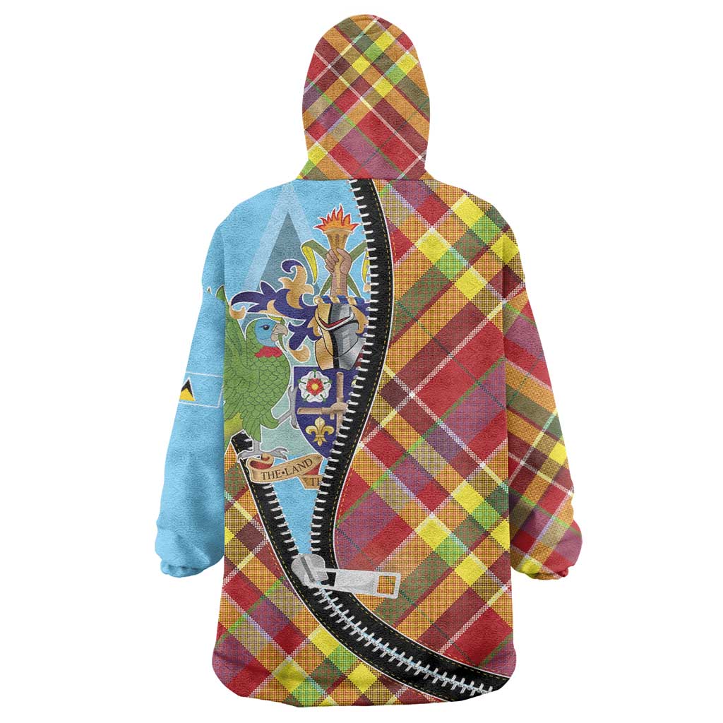 Saint Lucia Creole Day Wearable Blanket Hoodie Madras Pattern Zipper Stylized - Wonder Print Shop