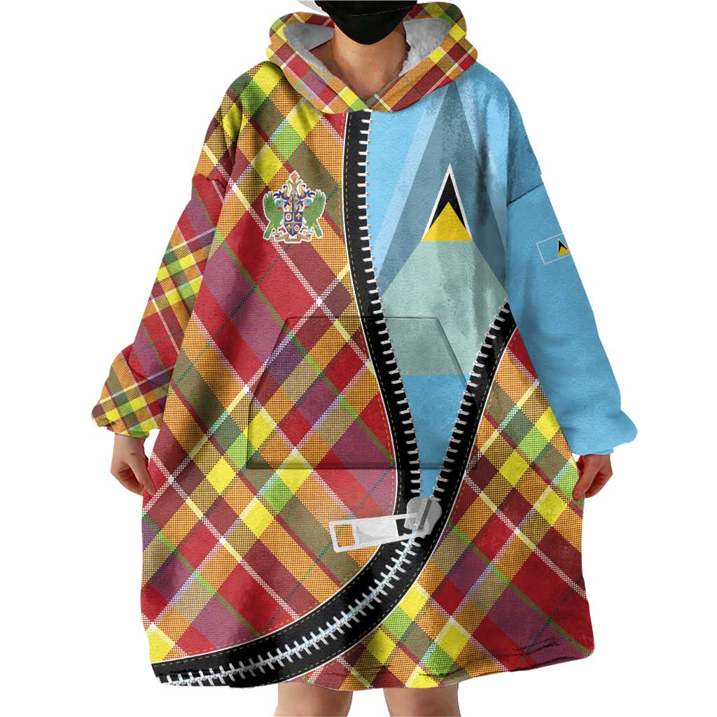 Saint Lucia Creole Day Wearable Blanket Hoodie Madras Pattern Zipper Stylized - Wonder Print Shop