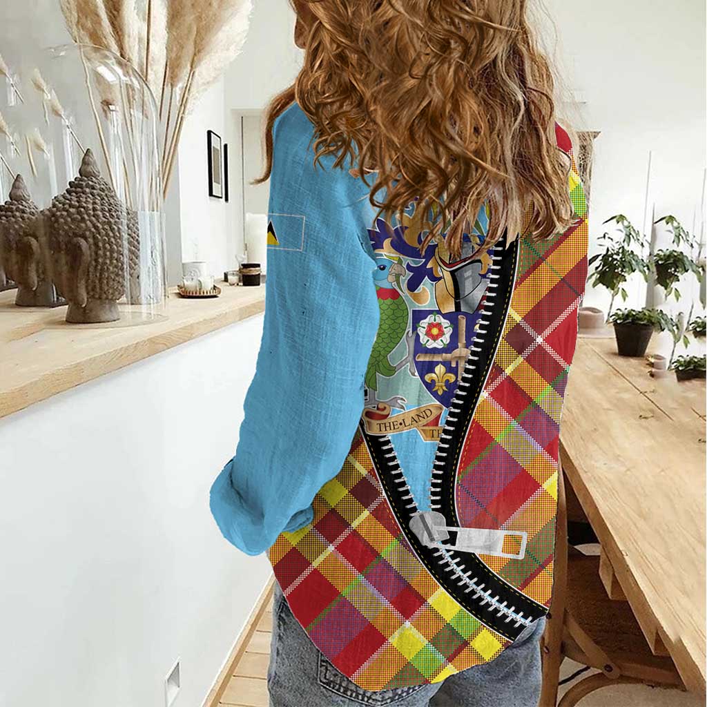 Saint Lucia Creole Day Women Casual Shirt Madras Pattern Zipper Stylized - Wonder Print Shop
