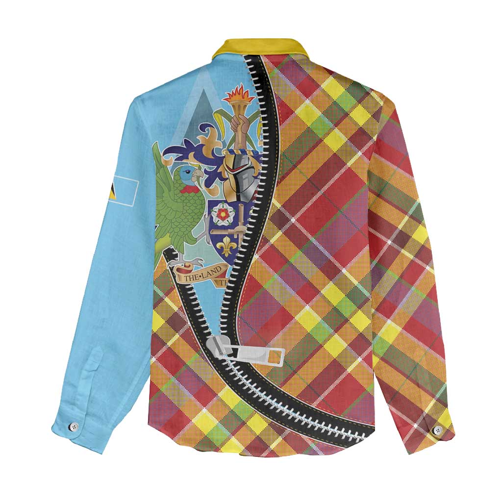 Saint Lucia Creole Day Women Casual Shirt Madras Pattern Zipper Stylized - Wonder Print Shop