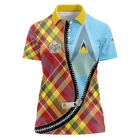 Saint Lucia Creole Day Women Polo Shirt Madras Pattern Zipper Stylized - Wonder Print Shop