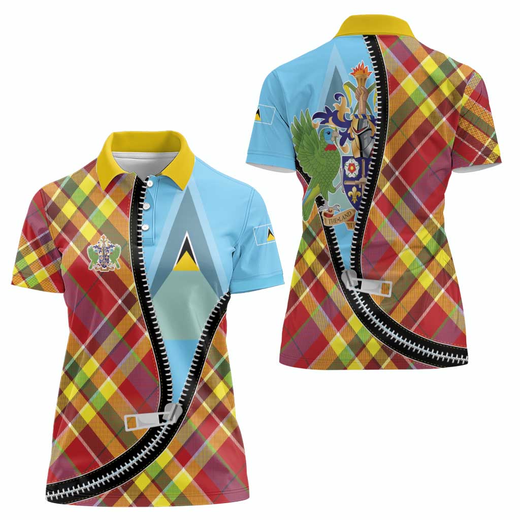 Saint Lucia Creole Day Women Polo Shirt Madras Pattern Zipper Stylized - Wonder Print Shop