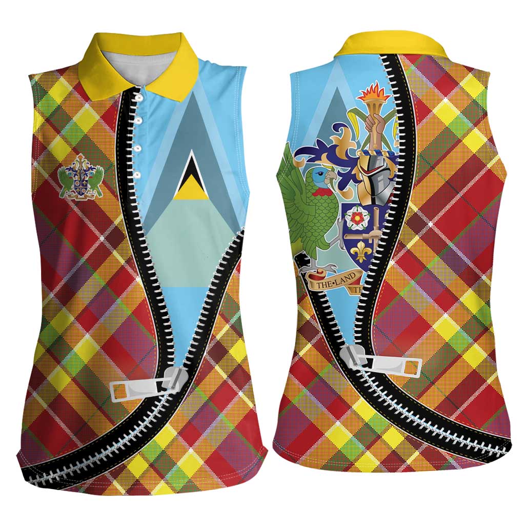 Saint Lucia Creole Day Women Sleeveless Polo Shirt Madras Pattern Zipper Stylized - Wonder Print Shop