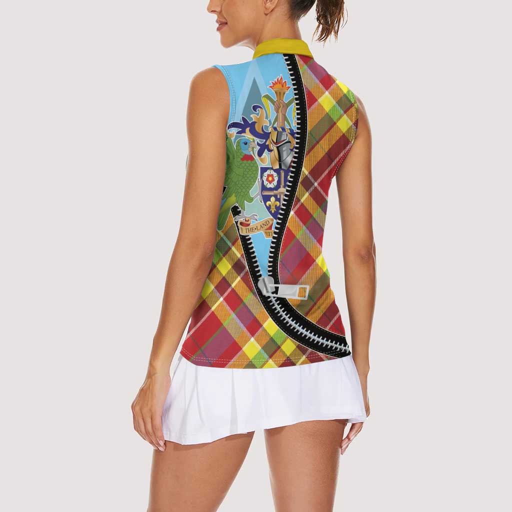 Saint Lucia Creole Day Women Sleeveless Polo Shirt Madras Pattern Zipper Stylized - Wonder Print Shop