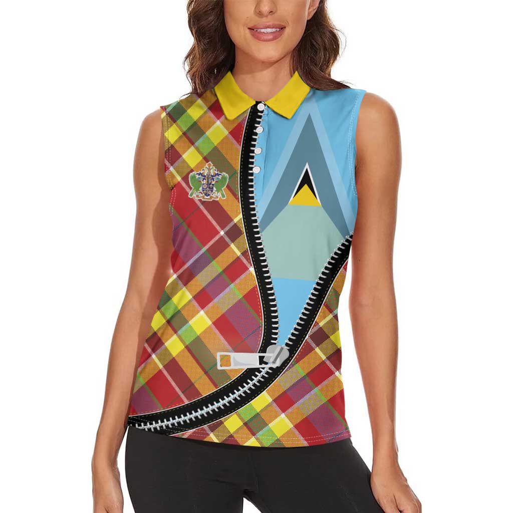 Saint Lucia Creole Day Women Sleeveless Polo Shirt Madras Pattern Zipper Stylized - Wonder Print Shop