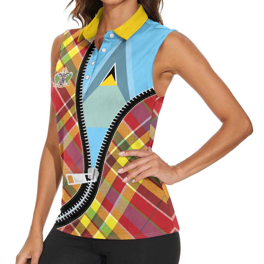 Saint Lucia Creole Day Women Sleeveless Polo Shirt Madras Pattern Zipper Stylized - Wonder Print Shop