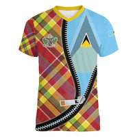 Saint Lucia Creole Day Women V-Neck T-Shirt Madras Pattern Zipper Stylized - Wonder Print Shop