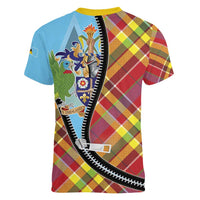 Saint Lucia Creole Day Women V-Neck T-Shirt Madras Pattern Zipper Stylized - Wonder Print Shop