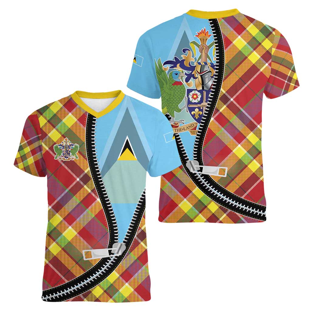 Saint Lucia Creole Day Women V-Neck T-Shirt Madras Pattern Zipper Stylized - Wonder Print Shop