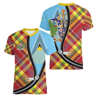 Saint Lucia Creole Day Women V-Neck T-Shirt Madras Pattern Zipper Stylized - Wonder Print Shop