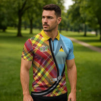 Saint Lucia Creole Day Zipper Polo Shirt Madras Pattern Zipper Stylized - Wonder Print Shop
