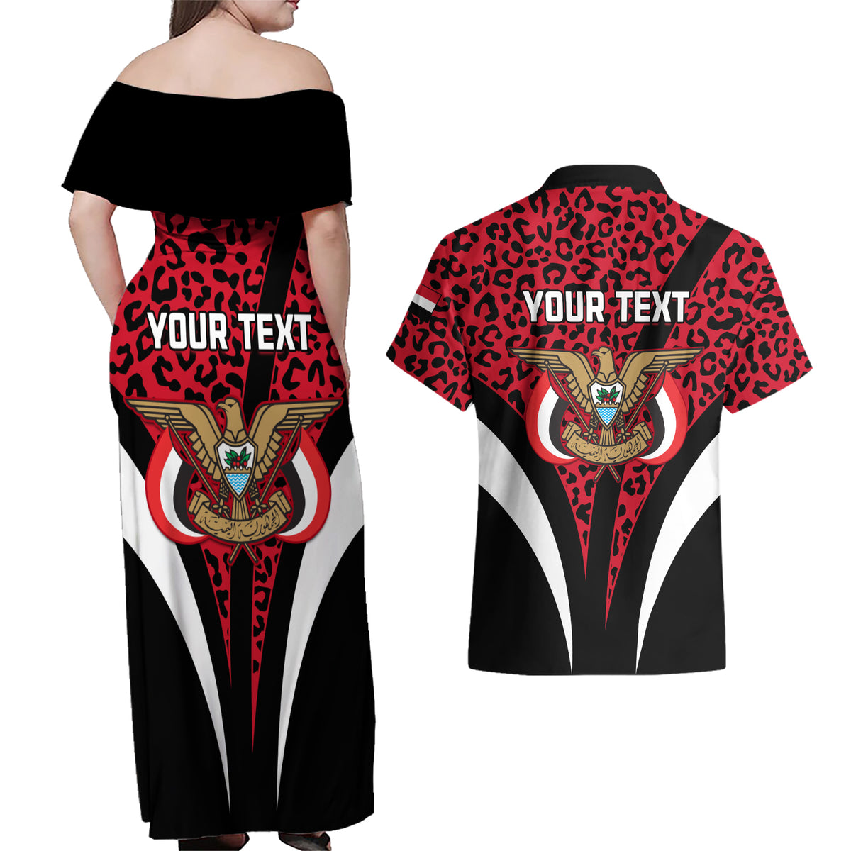 Personalised Yemen Independence Day Couples Matching Off Shoulder Maxi Dress and Hawaiian Shirt Yemeni Coat Of Arms Leopard Pattern - Wonder Print Shop