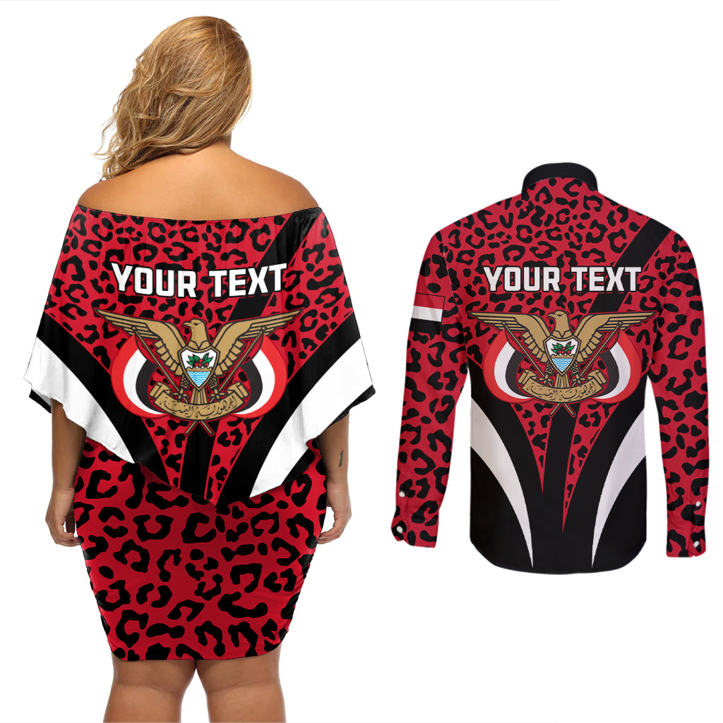 Personalised Yemen Independence Day Couples Matching Off Shoulder Short Dress and Long Sleeve Button Shirt Yemeni Coat Of Arms Leopard Pattern - Wonder Print Shop