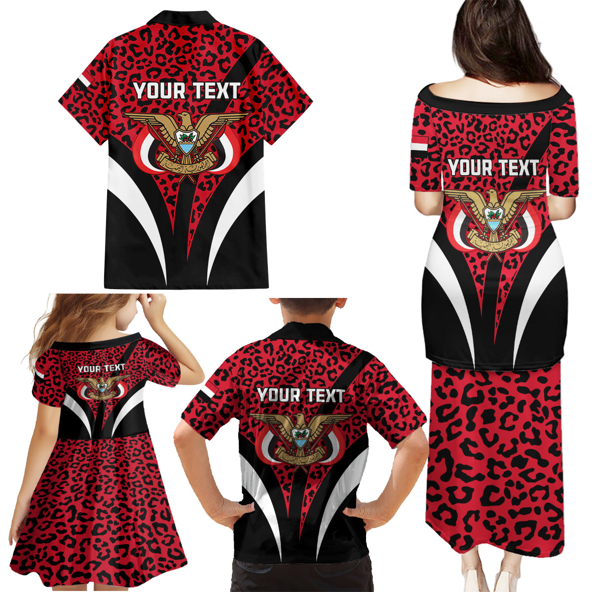 Personalised Yemen Independence Day Family Matching Puletasi Dress and Hawaiian Shirt Yemeni Coat Of Arms Leopard Pattern - Wonder Print Shop