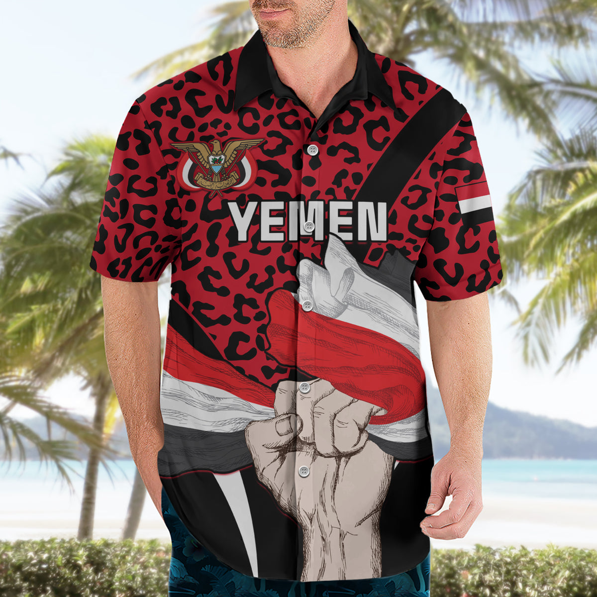 Personalised Yemen Independence Day Hawaiian Shirt Yemeni Coat Of Arms Leopard Pattern - Wonder Print Shop