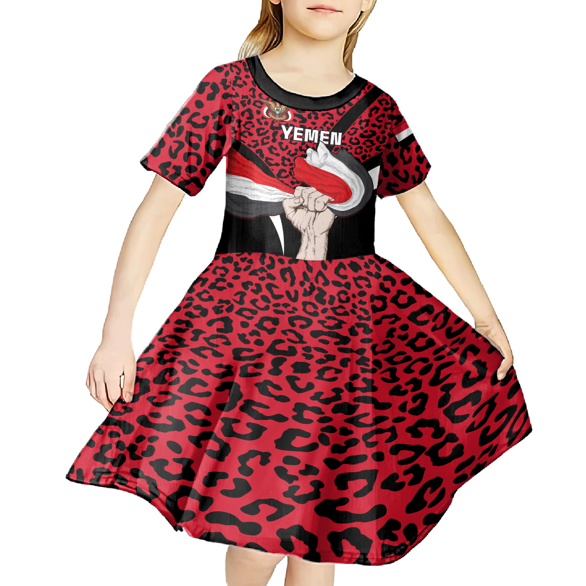 Personalised Yemen Independence Day Kid Short Sleeve Dress Yemeni Coat Of Arms Leopard Pattern - Wonder Print Shop