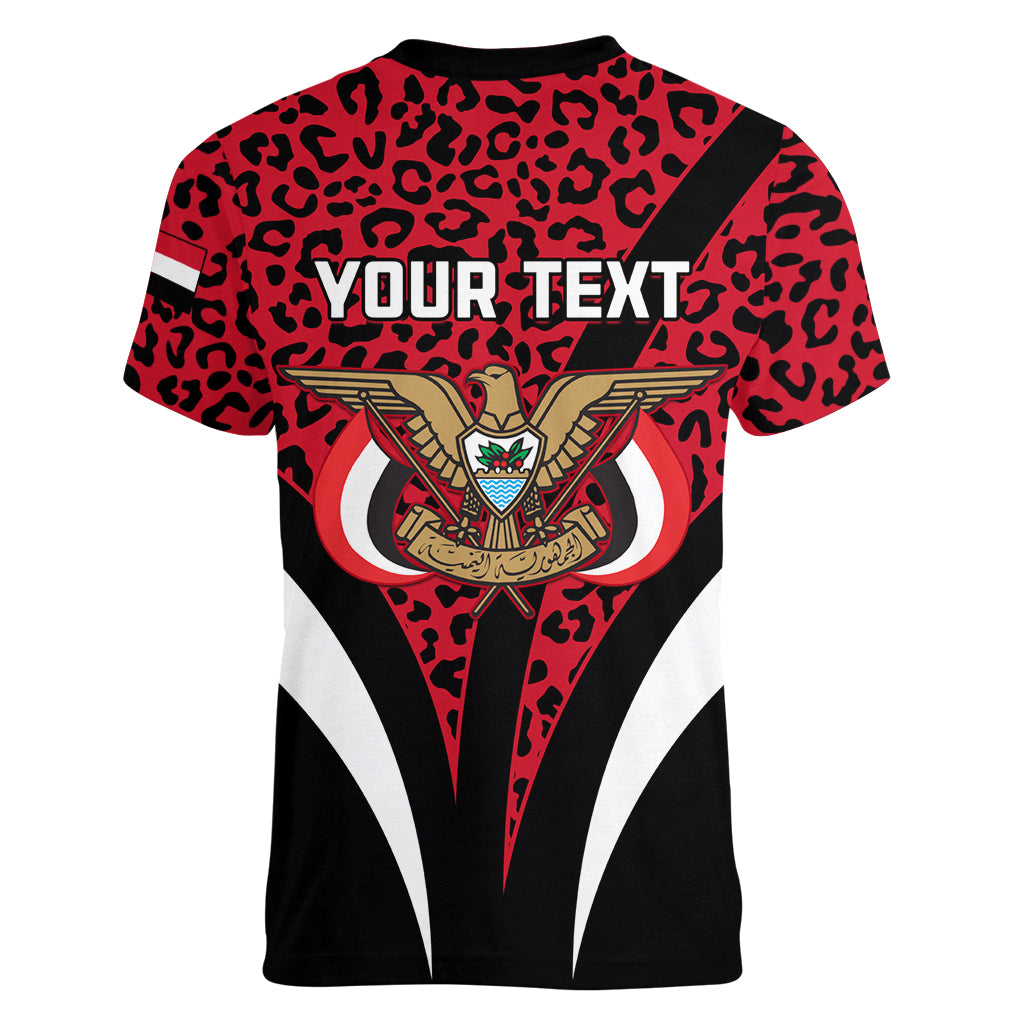 Personalised Yemen Independence Day Women V Neck T Shirt Yemeni Coat Of Arms Leopard Pattern - Wonder Print Shop