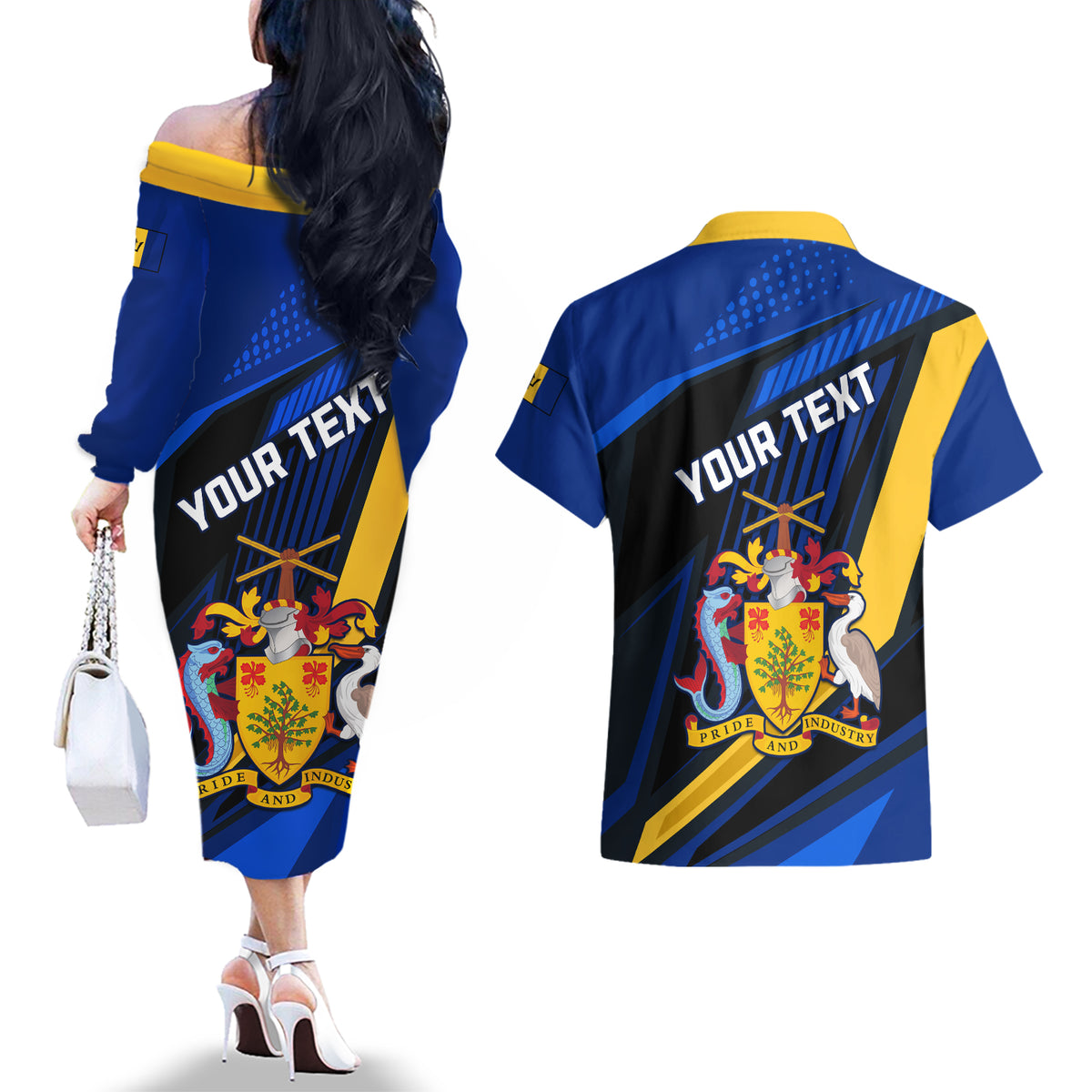 Personalised Barbados Independence Day Couples Matching Off The Shoulder Long Sleeve Dress and Hawaiian Shirt Barbadian Coat Of Arms Special Version - Wonder Print Shop