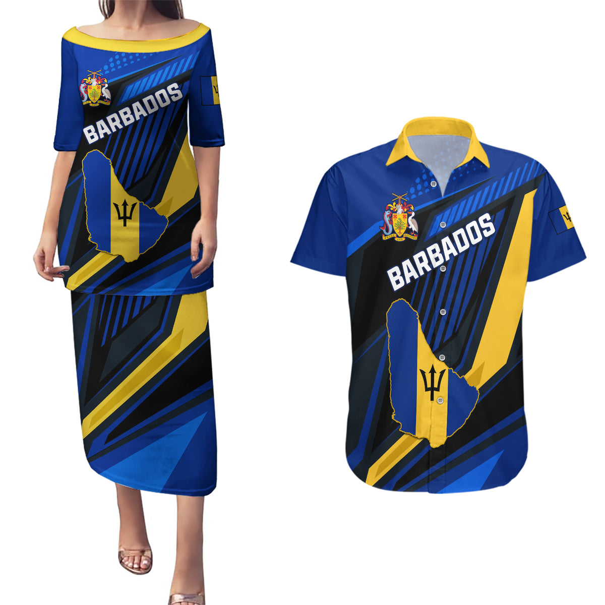 Personalised Barbados Independence Day Couples Matching Puletasi Dress and Hawaiian Shirt Barbadian Coat Of Arms Special Version - Wonder Print Shop