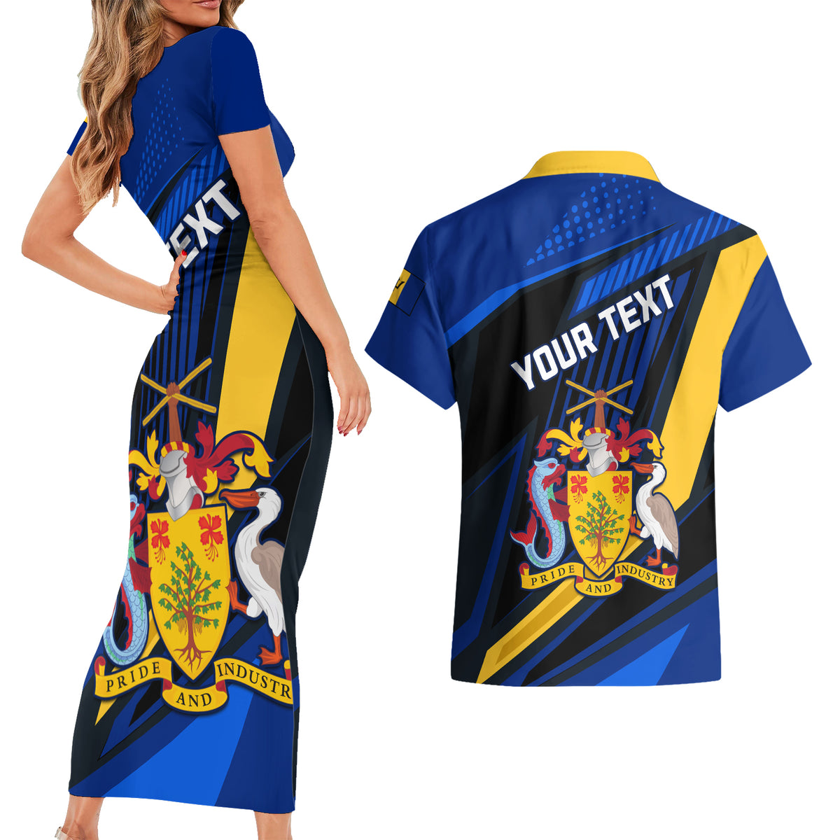 Personalised Barbados Independence Day Couples Matching Short Sleeve Bodycon Dress and Hawaiian Shirt Barbadian Coat Of Arms Special Version - Wonder Print Shop