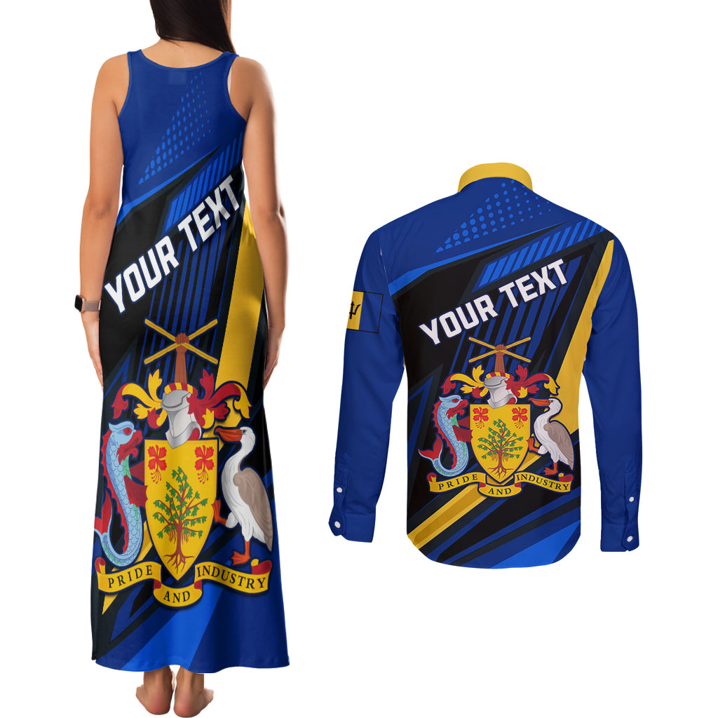 Personalised Barbados Independence Day Couples Matching Tank Maxi Dress and Long Sleeve Button Shirt Barbadian Coat Of Arms Special Version - Wonder Print Shop
