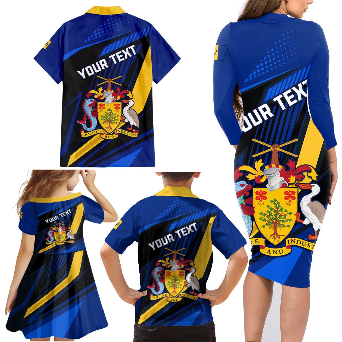 Personalised Barbados Independence Day Family Matching Long Sleeve Bodycon Dress and Hawaiian Shirt Barbadian Coat Of Arms Special Version - Wonder Print Shop
