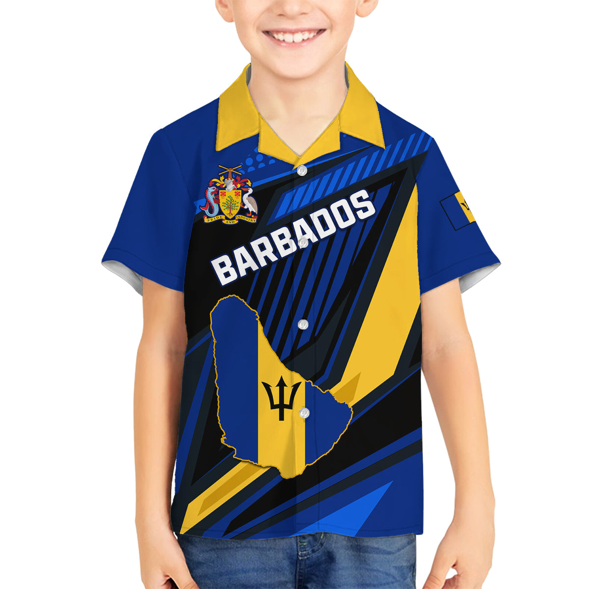 Personalised Barbados Independence Day Family Matching Off Shoulder Long Sleeve Dress and Hawaiian Shirt Barbadian Coat Of Arms Special Version - Wonder Print Shop