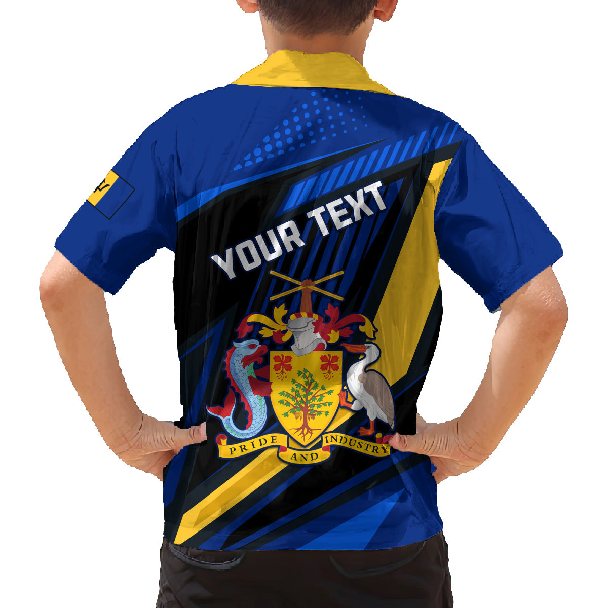 Personalised Barbados Independence Day Family Matching Off Shoulder Short Dress and Hawaiian Shirt Barbadian Coat Of Arms Special Version - Wonder Print Shop